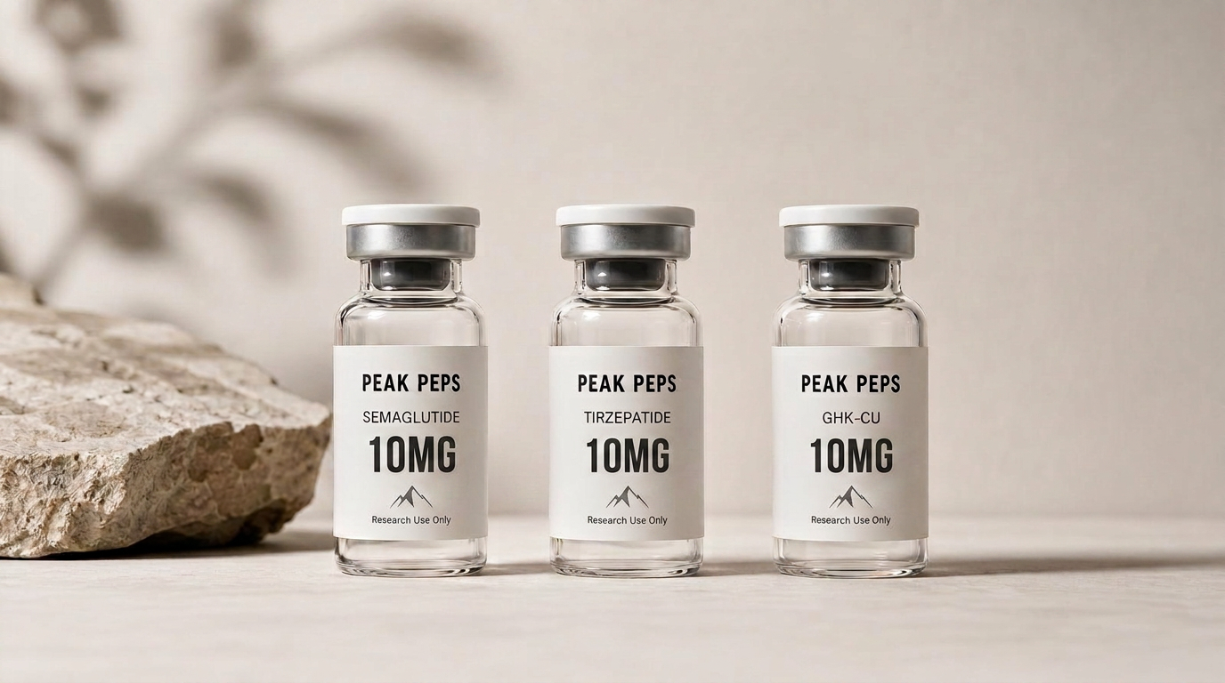 Row of clear glass laboratory vials on a clean surface